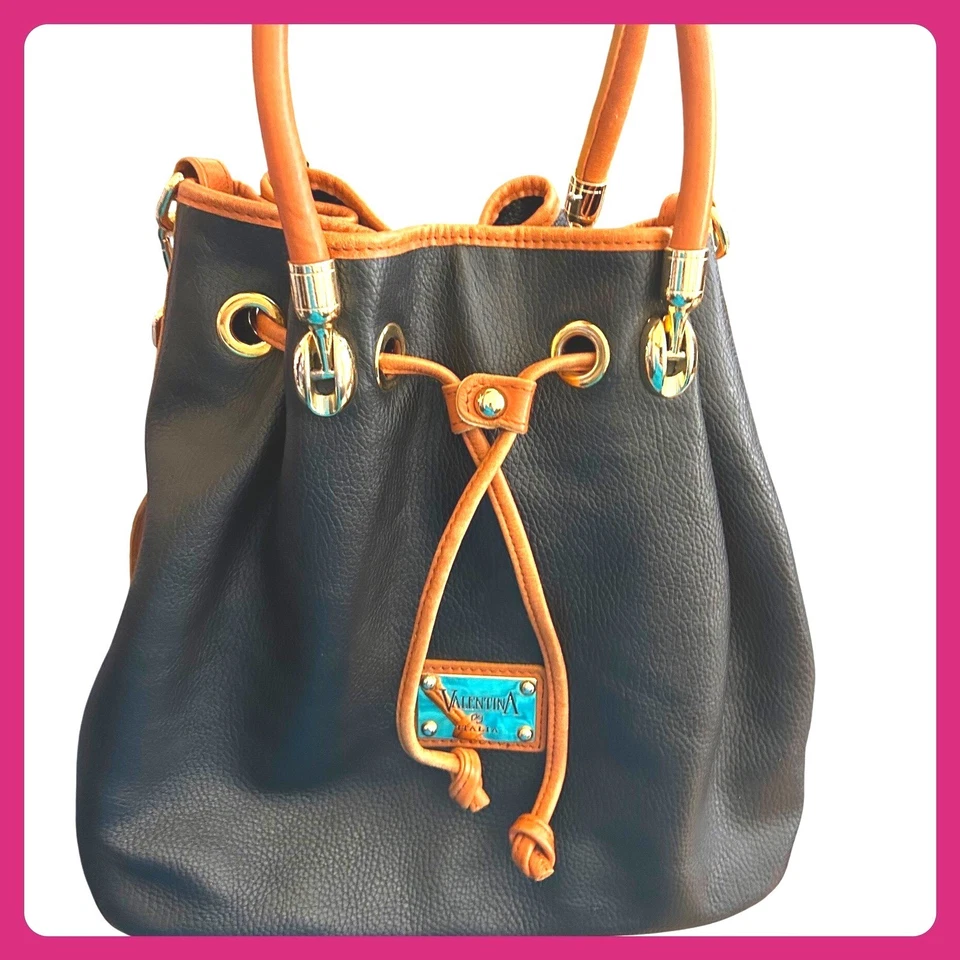 Valentina Italia Bolso de Mano Cubo de Cuero Marrón con Cordón Bolso de Hombro Cartera Foto 1 de 4