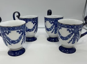 4 BOMBAY Company Asian Garden Tall Mugs Cobalt Blue & White Pedestal Ceramic - Picture 1 of 13