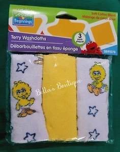 SESAME STREET SESAME BEGINNINGS BIG BIRD & ELMO COTTON BLEND TERRY WASHCLOTHS. - Picture 1 of 3
