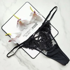 Victoria's Secret Dream Angels Boho Floral Embroidery Thong Panty Black - Picture 1 of 7