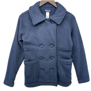 Patagonia Womens Pea Coat Fleece Collared Button Up Double Breasted Navy Small - Picture 1 of 15