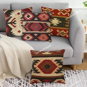 Lot of 4 Pcs Jute Kilim Rugs Cushion Cover Kilim Cover Bohemian Home Decor - Picture 1 of 7