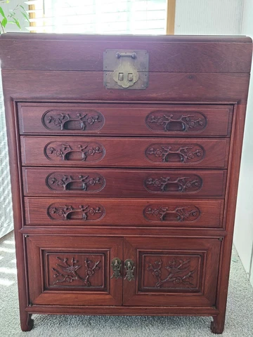 Vintage Wood Carved Standing Oriental Silverware Chest Cabinet Antique Cover