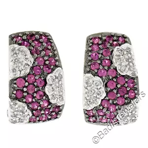 Solid 14K White Gold 1.30ctw Pave Ruby & Diamond Cuff Statement Omega Earrings - Picture 1 of 6