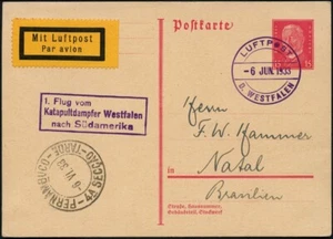 Katapult Dt. Reich 1933 Versuchsflug Dampfer Westfalen Natal Karte Catapult/ 618 - Bild 1 von 2
