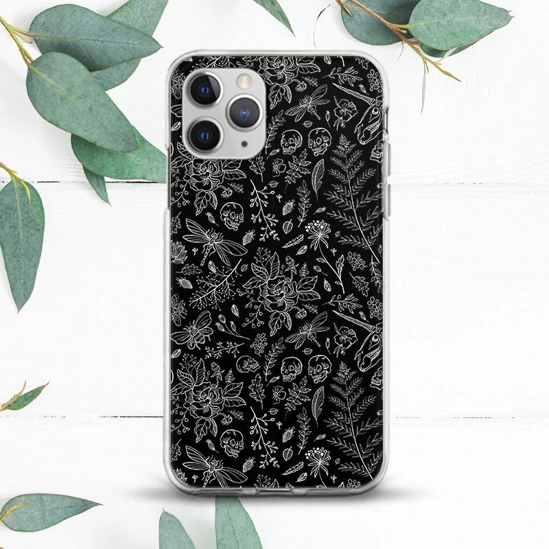 Gothic Floral Skull Line Art Black Case For iPhone 8 X SE 11 12 13 14 15 Pro Max - Image 1 of 1