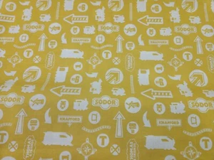 Thomas & Friends Trains Yellow Fabric Signs Tracks Logo Full Steam Ahead BTY - Picture 1 of 4