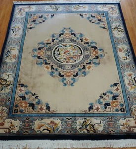 Chinese Hand Knotted 9' x 12' Wool Ivory Blue navy Oriental Rug Excellent - Picture 1 of 24