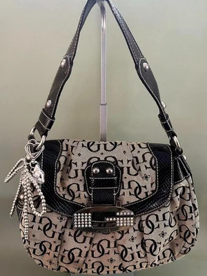 Vintage Guess Monogram Shoulder Bag – Black Logo Canvas with Snakeskin Trim - Image 1 of 4