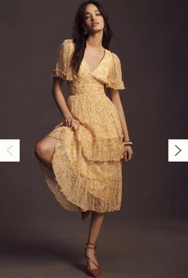 BHLDN Naomi цветочный с оборками шифоновое миди платье Sz S оранжевый романтический ярусный - Изображение 1 из 4