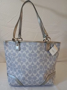 Coach Signature Peyton Heritage Leather Tote Bag Light Denim and Silver #F18922 - Picture 1 of 12