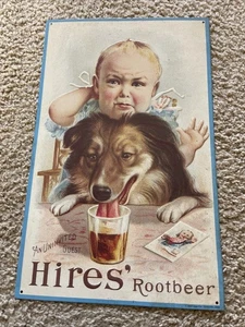 Vintage Hires' Rootbeer Metal Tin Sign 16"x10"  An Uninvited Guest Embossed - Picture 1 of 4