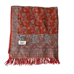Frangia scialle paisley Tibet Yak lana blu e rosso - 70" x 76" - Nuovo con etichette - Foto 1 di 6