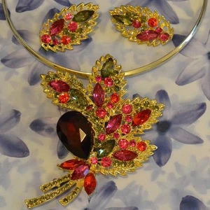 Dolly-Bijoux Fantaisie Parure 2 en 1 Grande Fleuille de Diamant Cz Multicolore - Picture 1 of 1