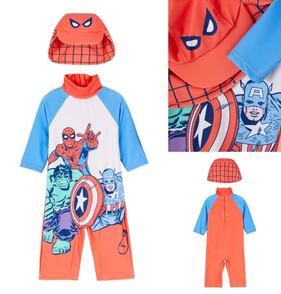 Marvel Baby Schwimmanzug Set Overall Schirmmütze Nackenschutz UV Sonnenschutz - Bild 1 von 4