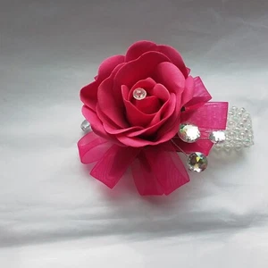 Prom /Wedding Hot Pink Rose /Wrist Corsage/ diamante/crystal bracelet - Picture 1 of 3