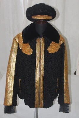 Men's Black Persian Lamb Fur Bomber Jacket Golden Python Trim & Hat All Sizes - Image 1 of 3
