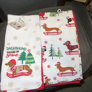 (3) Dackel durch den Schnee Weihnachten Urlaub Küchentücher Schlitten Neu mit Etikett - Bild 1 von 5