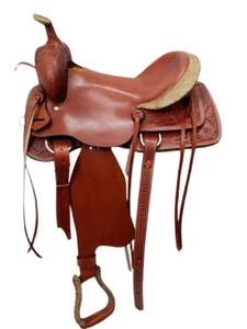 Traditional Western Style Tan Plain Leather Hand-Carved Roper Ranch Saddle. - Picture 1 of 8
