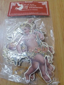 Nuevo en paquete vintage conjunto de 4 adornos de querubines de cartón navideño de 2 caras  - Imagen 1 de 4
