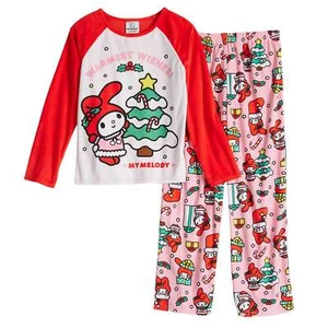 Hello Kitty My Melody Girls Pajamas Set Christmas 6 8 10 12 Sanrio T Shirt Pants - Picture 1 of 3