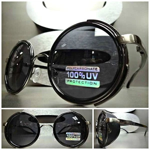 VINTAGE 60s RETRO STEAMPUNK CYBER Round Blinder SUN GLASSES Black Gunmetal Frame - Picture 1 of 9