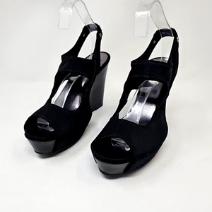Vera Wang Heels 8.5 Black Ponte Stretch Strap Block Wedge Slip On Peep Toe High - Picture 1 of 15