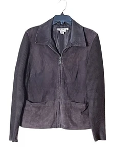 A.M.I. Vintage Brown Suede Leather Jacket Knit Sleeves Zip Up Women’s Large - Picture 1 of 14