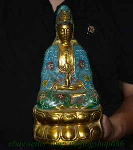 12" Old Chinese Bronze Cloisonne Gilt Seat Kwan-yin Guan yin Goddess Statue - Picture 1 of 12