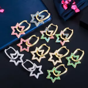 Multicolor Gold Color CZ Star Hoop Earrings for Women Korean Punk Party Jewelry - Picture 1 of 22