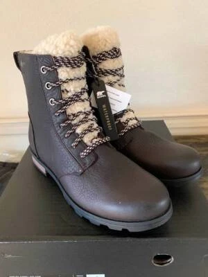SOREL Emelie Shearling Short Lace-Up Leather Boots Blacken Brown-NIB- SZ 7-9 - Image 1 of 3