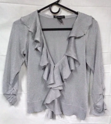 Women's INTERNATIONAL CONCEPTS Silver Sparkle Ruffled Cardigan 3/4 Sleeve - S - Image 1 of 4