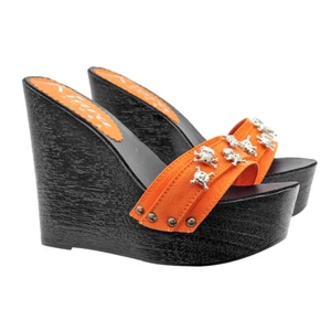 Zeppa nera con tomaia arancione teschi tacco 13 - Made in Italy - KZH35 ARANCIO - Foto 1 di 4