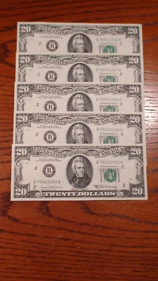 FIVE 1969-B TWENTY DOLLAR NEW YORK CHOICE UNC CONSECUTIVE NOTES 5 $20.00 BILLS! - Image 1 of 4