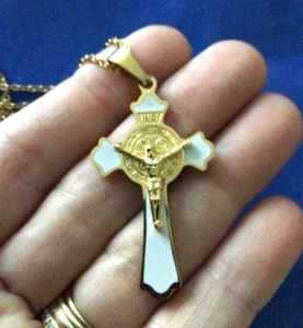 St BENEDICT Crucifix NECKLACE Pendant Protection Gold PL Stainless Steel White - Picture 1 of 3