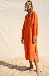 ZARA Orange Linen Tunic Shirt Dress XS Oversized Orange Mint - Picture 1 of 9