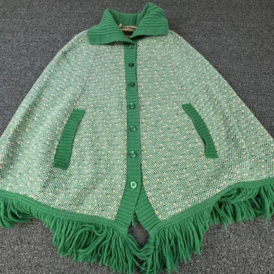 VINTAGE Wards Poncho Cape Womens One Size Green Fringe Button Front Acrylic 70s - Image 1 of 4