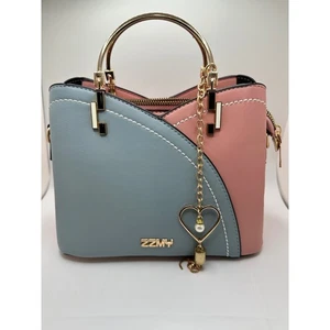 ZZMY Colorblock Satchel Handbag Pink Blue Gold Heart Charm Crossbody Strap - Picture 1 of 5