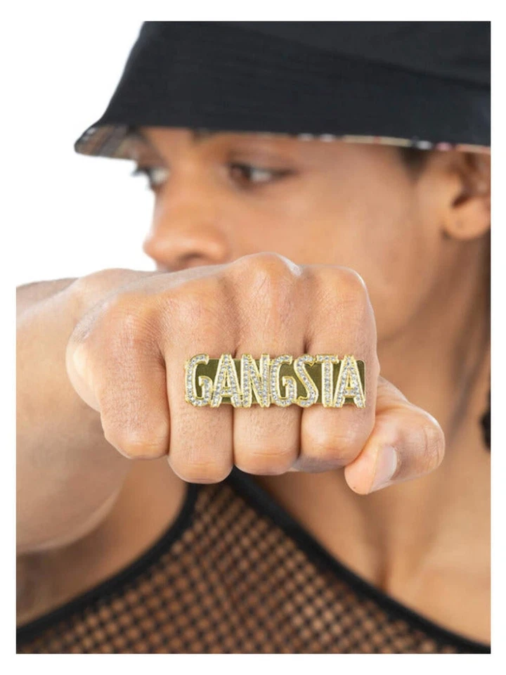 Gangster Ring Bling Gold Ring Adults 90s Fancy Dress Accessory - Image 1 of 1