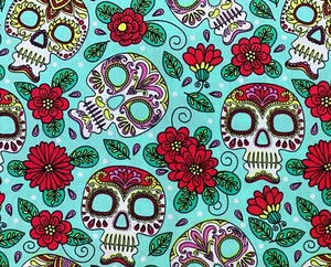 Tag der Toten Stoff - Sugar Skulls Floral grün - Bastelstoff Stoff Meterware - Bild 1 von 4