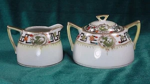 Antique Nippon Bibi Handpainted Dragon w/Gold and Floral Trim Sugar & Creamer - Picture 1 of 5