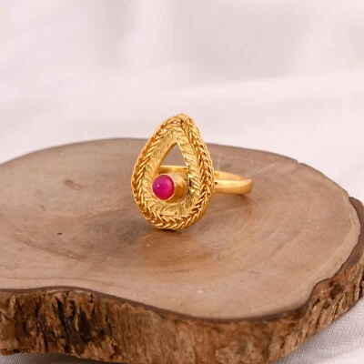 Anel de casamento trançado folheado a ouro amarelo calcedônia rosa aliança incomum antiga - Imagem 1 de 4