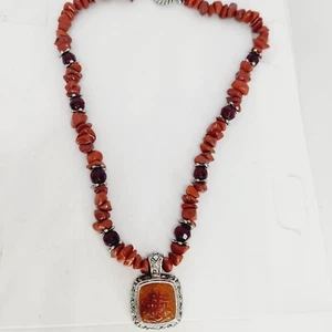 MX Michael Morrison Vintage Red Jasper Necklace Faux Amber Silver Tone Pendant  - Picture 1 of 7