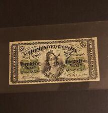 1870 Dominion of Canada 25 Cents Banknote. Plain Series. Circulated Condition.