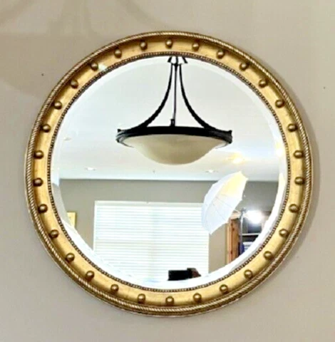 AMAZING 20th C HANDWORKED GILT WOOD FEDERAL STYLE BULLSEYE BEVELED MIRROR 30" Cover