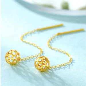 Real 18K Yellow Gold Earrings Drop Women's Hollow Ball 6mm Earrings Line Gift - Picture 1 of 11