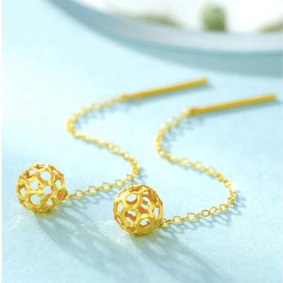 Pendientes colgantes de oro amarillo de 18 quilates reales para mujer bola hueca 6 mm línea de regalo Foto 1 de 4