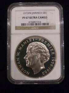 1973 JAMAICA HUGE Premier Norman W Manley Silver $5 Coin NGC PF 67 Ultra Cameo - Picture 1 of 2