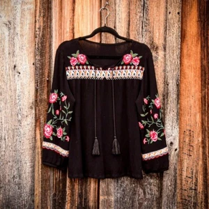 Women's Black Semi Sheer peasant style Embroidered scoop neck blouse with tie M - Picture 1 of 9
