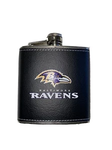 Frasco de acero inoxidable con licencia NFL Baltimore Ravens con envoltura de cuero nuevo - Imagen 1 de 2